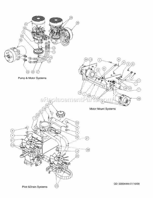 Hydro Hose & Pump Assembly Diagram and Parts List for M54-KW 53AI8CT4050-25HP Cub Cadet Lawn Tractor